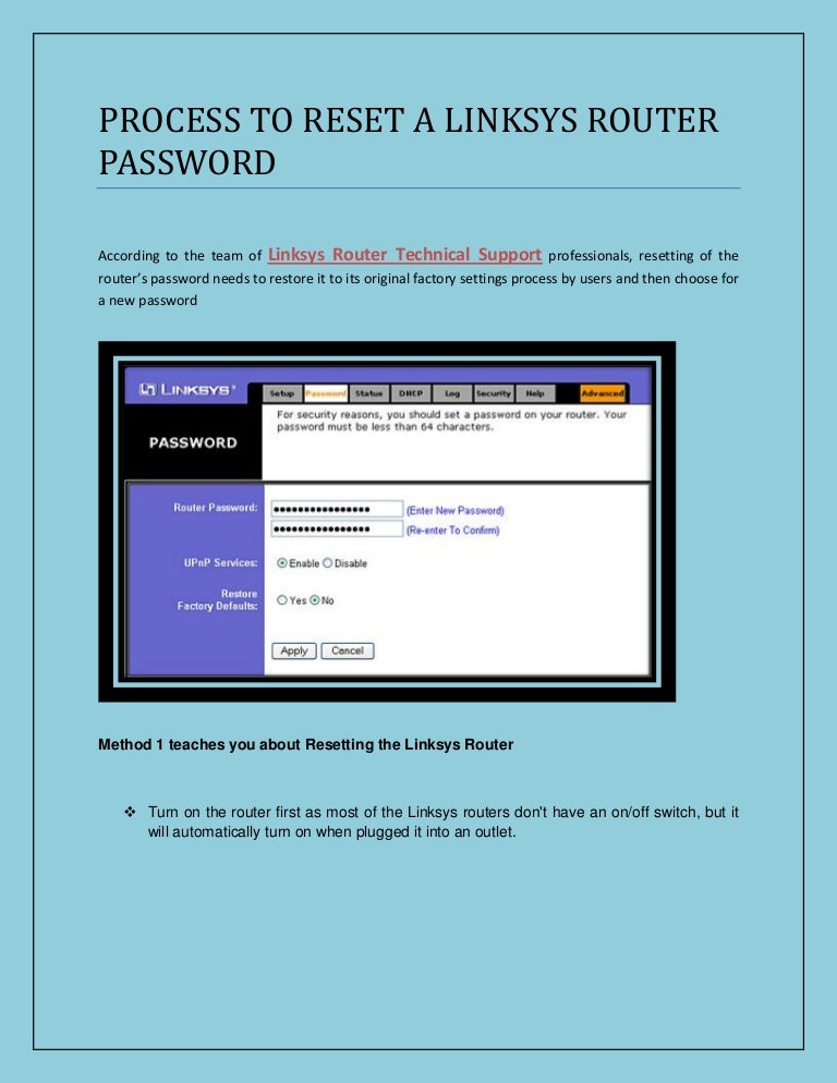 Manual Guide TO RESET A LINKSYS ROUTER PASSWORD
