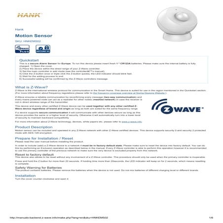 Manual Motion Sensor - Z-Wave Plus - Hank