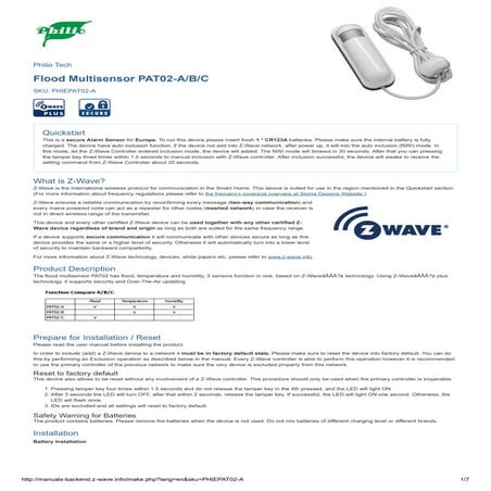 Manual sensor flood, temperature and humidity   z-wave plus - philio