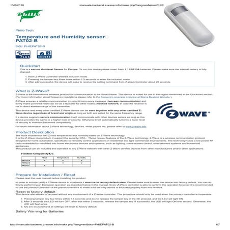 Manual sensor temperature and humidity   z-wave plus - philio