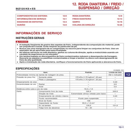 Manual serviço biz125 ks es   00 x6b-kss-001 roda-dianteira