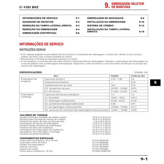 Manual serviço c 100 biz - 00 x6b-gce-761 embreage