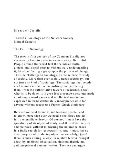 M a n u e l Castells Toward a Sociology of the Network Soc.docx