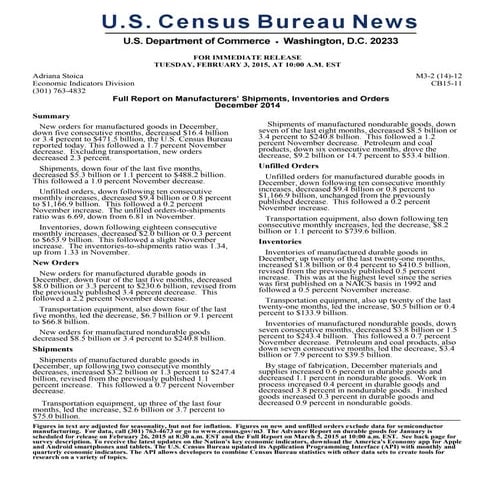 Manufacturers Shipments, Inventories and Orders | Dec 2014