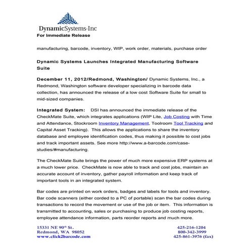 Manufacturers' suite press release