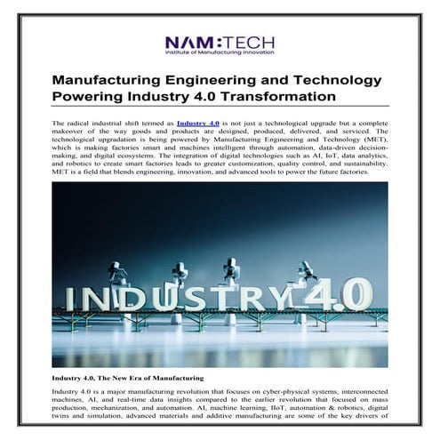 Manufacturing Engineering and Technology Powering Industry 4.0 Transformation