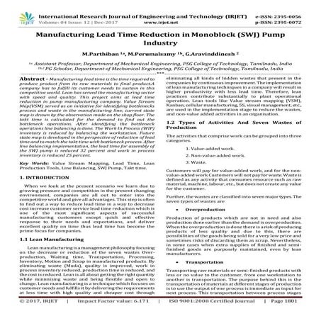 Manufacturing Lead Time Reduction in Monoblock (SWJ) Pump Industry [irjet-v4 ...