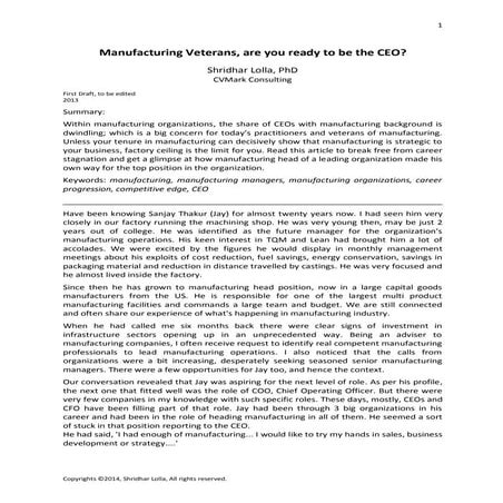 Manufacturing Managers, are you ready to be the CEO!