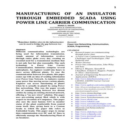 Manufacturing of an insulator through embedded scada using power line carrier...