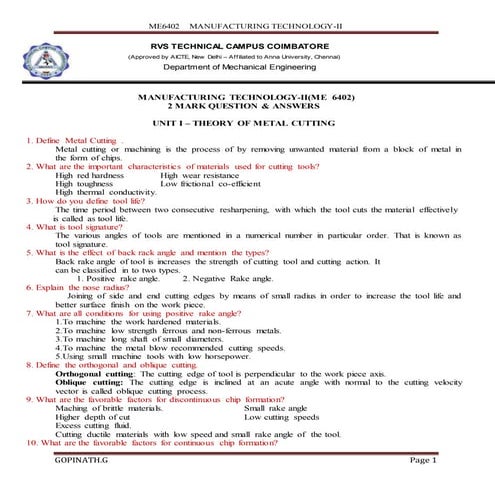 Manufacturing technology II 2 marks questions & answers