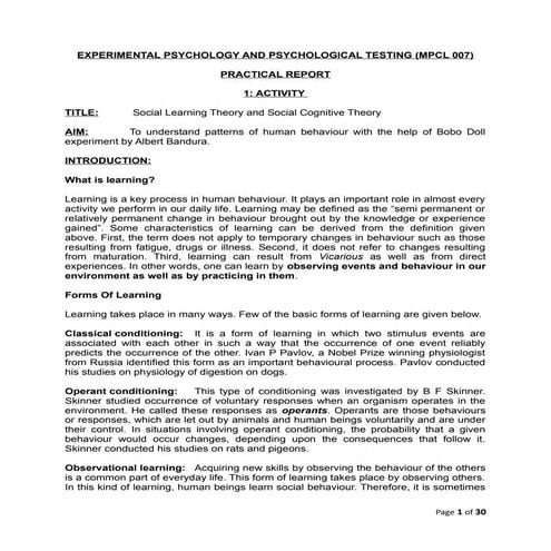 IGNOU Sample Practical File for MPCL007 Experimental Psychology and Psycholog...