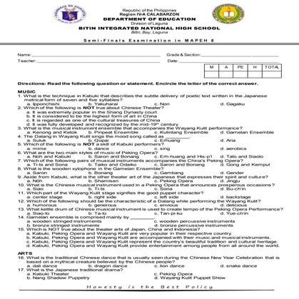 Mapeh 8 4th grading exam