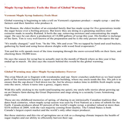 Maple Syrup Industry Feels the Heat from Global Warming