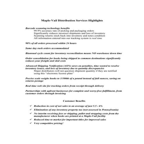 Maple Vail Distribution Highlights