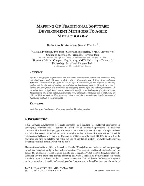 Mapping of traditional software development methods to agile methodology