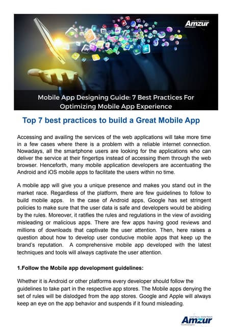 Top 7 best practices to build a Great Mobile App