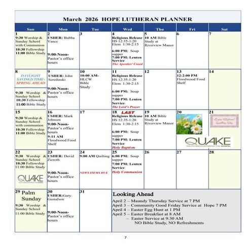 March 2026 Calendar of Events Hope Lutheran Church | PDF