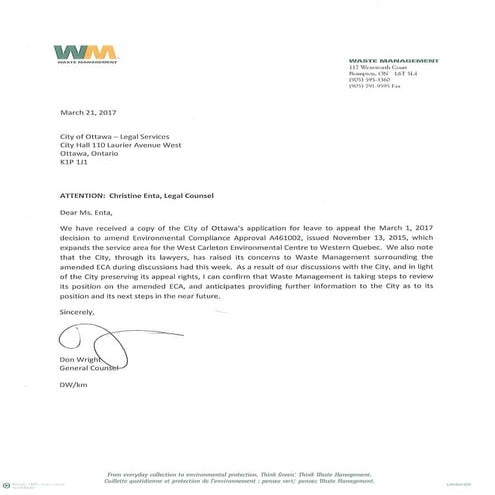 March 21 letter from Waste Management to City of Ottawa