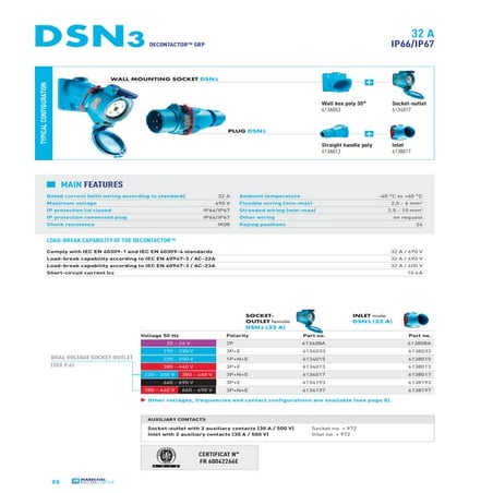 Marechal DSN3 Plugs, Sockets (Decontactors) 32Amps - Marechal DSN3 Decontacto...