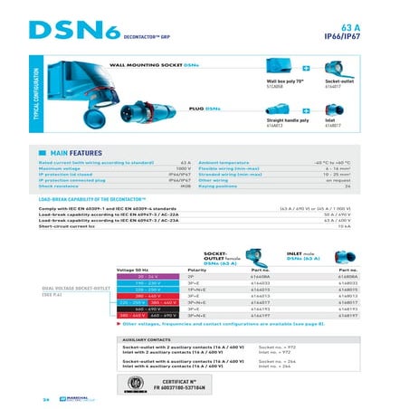 Marechal DSN6 Plugs, Sockets (Decontactors) 63Amps - Marechal DSN6 Decontacto...