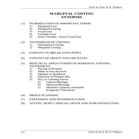 Marginal costing synopsis notes