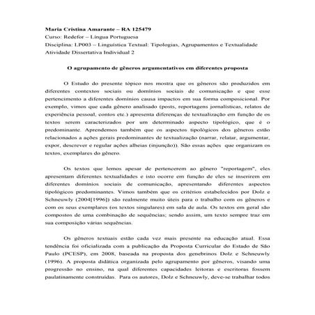 O agrupamento de gêneros argumentativos em diferentes proposta