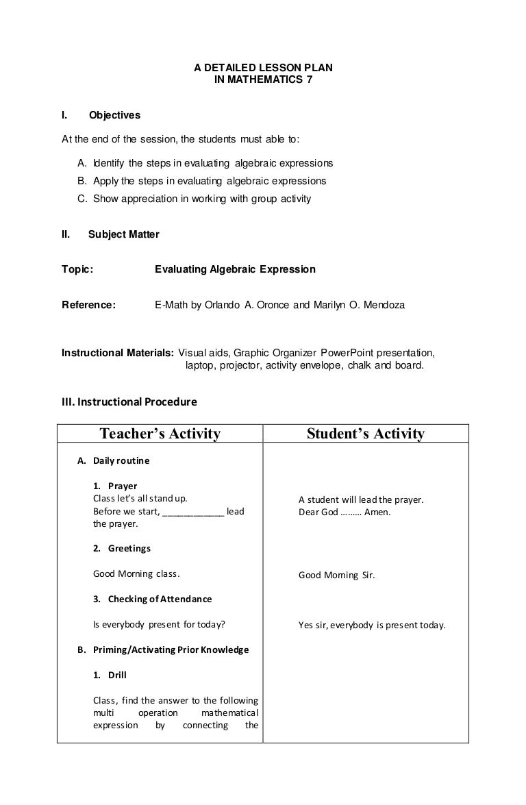 Lesson Plan in Algebra Pertaining To Evaluating Algebraic Expressions Worksheet Pdf