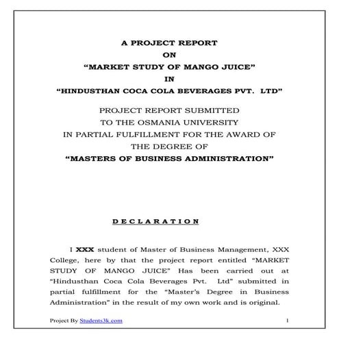 Market study-of-mango-juice-in-hindusthan-coca-cola-beverages-pvt-ltd-mba-pro...