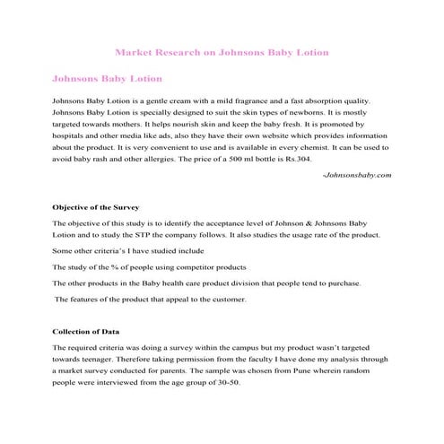 Market Research on Johnson Baby Lotion