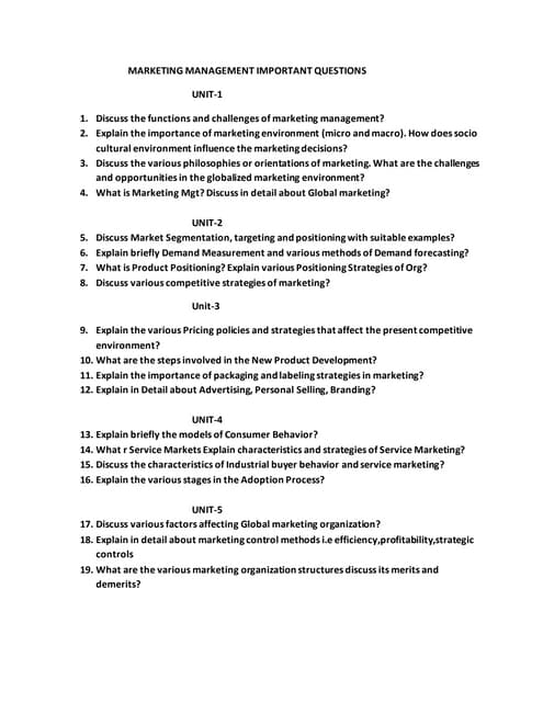 Marketing management important questions