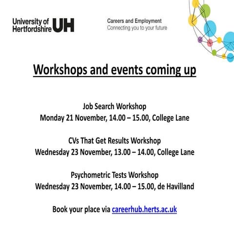 Workshops and events coming up week commencing 21 November 2016