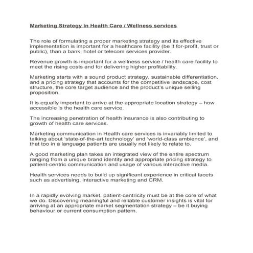 Marketing strategy   health care