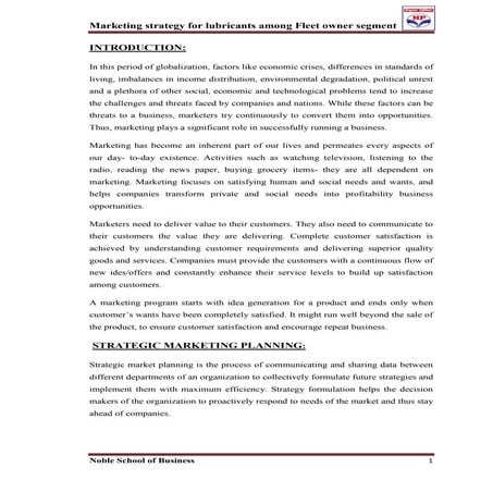 Marketing strategy for lubricants among fleet owner segment