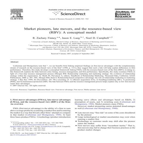 Market pioneers, late movers, and the resource based view (rbv)- a conceptual...