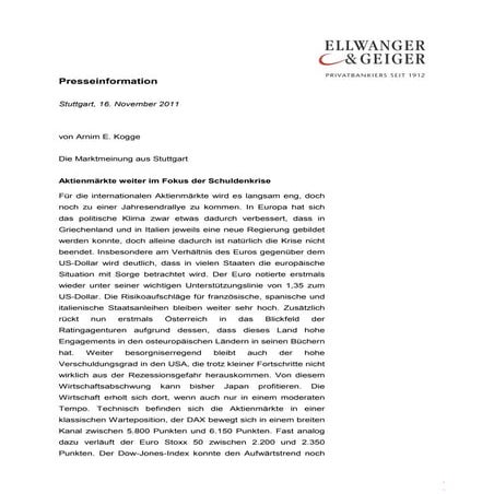 DIE MARKTMEINUNG AUS STUTTGART: Aktienmärkte weiter im Fokus der Schuldenkrise