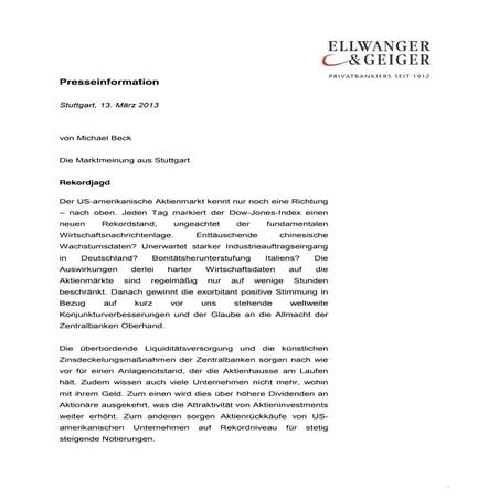 DIE MARKTMEINUNG AUS STUTTGART: Rekordjagd