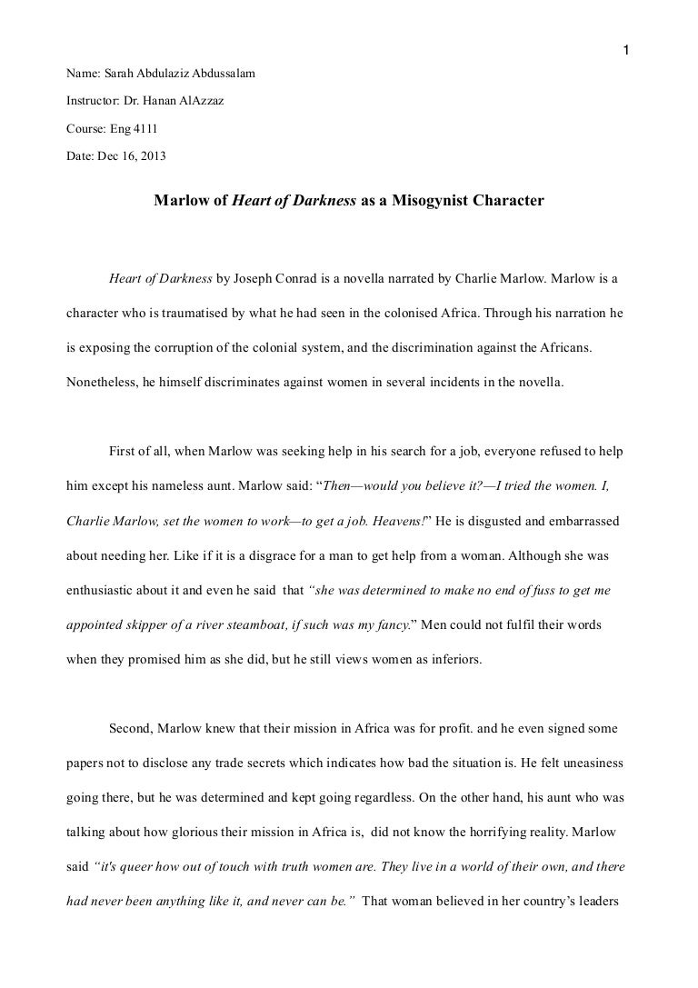 Marlow Of Heart Of Darkness As A Misogynist Character