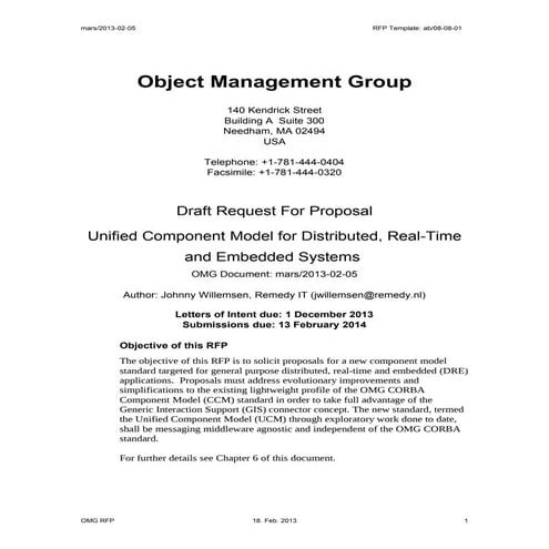 Draft Request For Proposal Unified Component Model for Distributed, Real-Time...