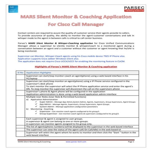 MARS Silent Monitor & Coach Whisper for Cisco CUCM