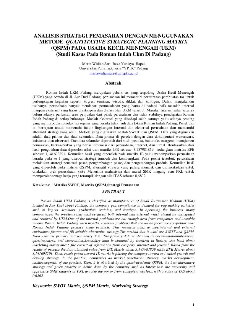 Analisis Strategi Pemasaran Dengan Menggunakan Metode Quantitative S