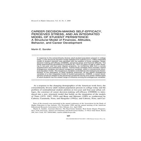 Martin E. Sandler, Ph.D., Research In Higher Education Article, October 2000