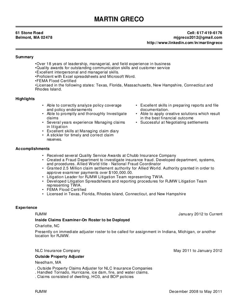 claims adjuster resume sample
