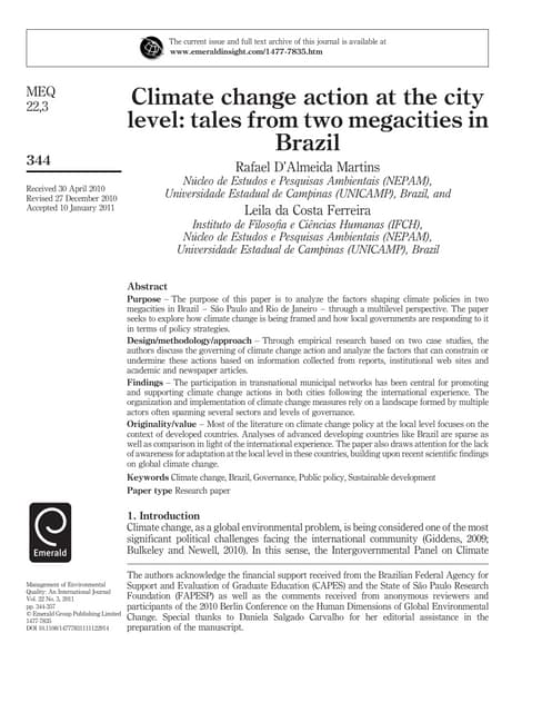 Climate Change Action at the City Level: Tales from Two Global Cities in Brazil