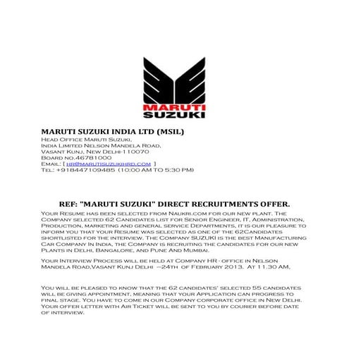 Maruti suzuki india call letter.