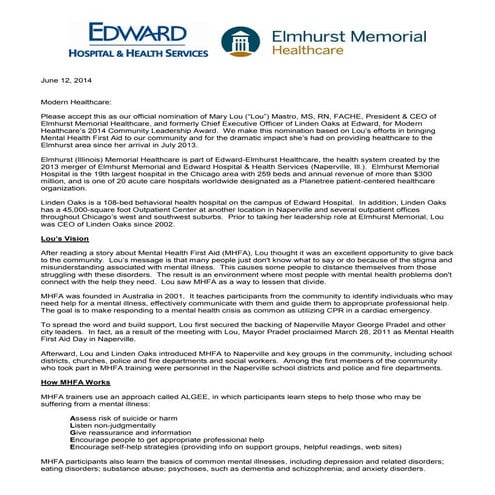 Mary Lou Mastro – 2014 nominee for Modern Healthcare's Community Leadership Award