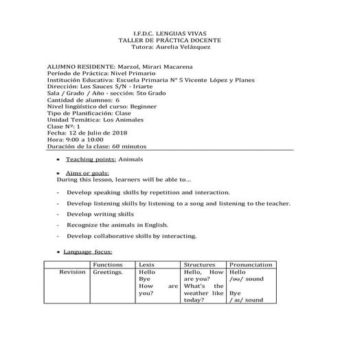 Marzol   lesson plan class 1 - primary 