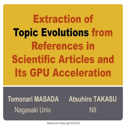 Extraction of topic evolutions from references in scientific articles and its GPU acceleration