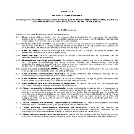 Masas y dimensiones vehículos según Anexo IX RGV