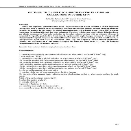 Optimum Tilt Angle for South Facing Flat Solar Collectors in Duhok City