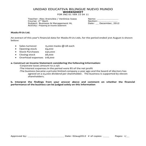 Income Statement Worksheet - Masks-R-Us